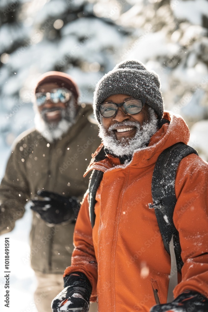 two elderly african american men snowshoeing or skiing with poles through forest. senior activity, winter tourism, healthy lifestyle and outdoor recreation two elderly african american men snowshoeing or skiing with poles through forest. senior activity, winter tourism, healthy lifestyle and outdoor recreation