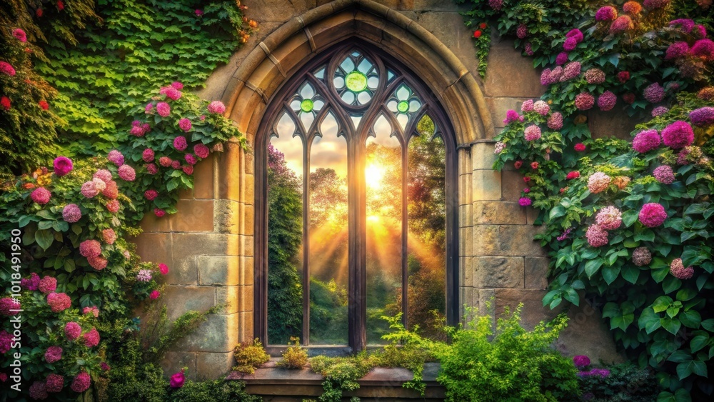 Fototapeta premium A stone archway framed by vibrant flowers reveals a view of a sunlit forest through a gothic window.