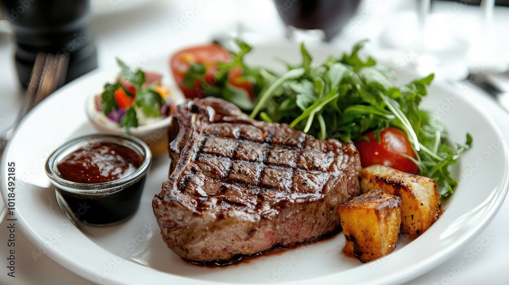 A delicious grilled steak served with fresh salad, roasted potato, and dipping sauce on a white plate. Perfect for food lovers.