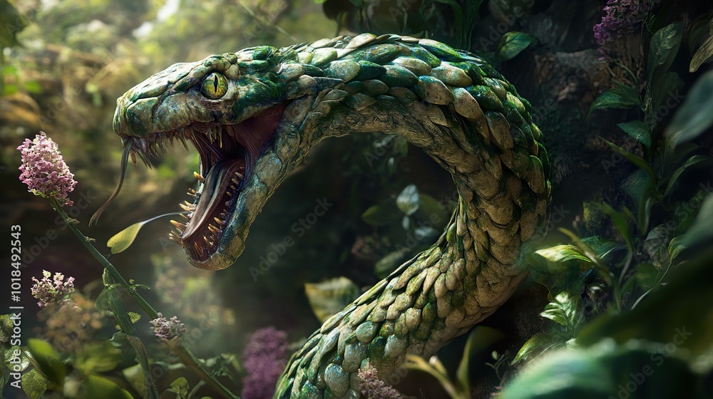 Green Snake in Lush Jungle: A Close-Up View Green Snake in Lush Jungle: A Close-Up View
