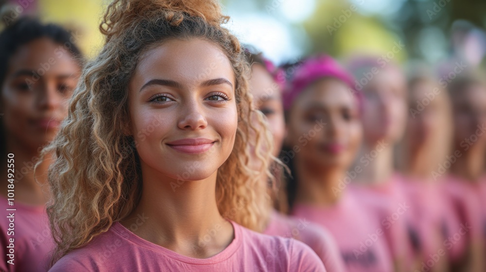 Group of Women in Pink Shirts Smiling Outdoors Group of Women in Pink Shirts Smiling Outdoors