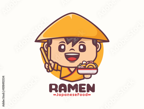 Asian chef cartoon mascot design with japanese noodle ramen, food logo template
