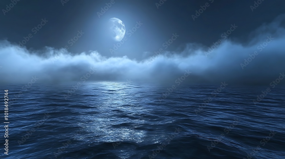 Crescent moon shines on a calm, misty sea.