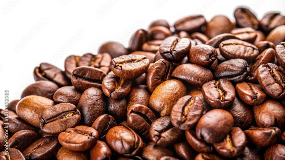 Naklejka premium Closeup of roasted coffee beans on a white background, coffee, beans, roasted, closeup, macro, texture, caffeine, drink, morning