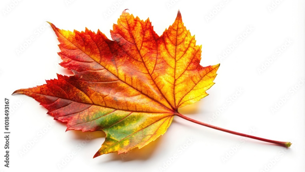 A striking autumn leaf stands out against a white backdrop, highlighting the stunning array of colors that nature offers during the fall season's mesmerizing beauty. A striking autumn leaf stands out against a white backdrop, highlighting the stunning array of colors that nature offers during the fall season's mesmerizing beauty.