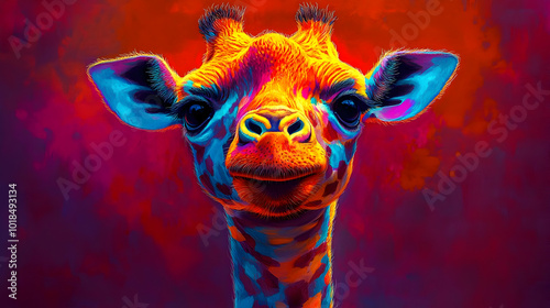 A Vibrant and Colorful Giraffe Portrait with a Friendly Expression, Perfect for Backgrounds and Animation, with a Digital Art Style and Intricate Details