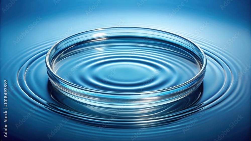 Petri dish with water creating ripples in a blue background, biology, science, laboratory, research Petri dish with water creating ripples in a blue background, biology, science, laboratory, research