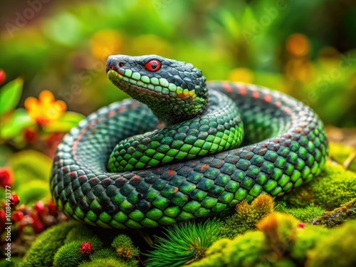 A striking Black Forest Viper weaves through vibrant greenery, showcasing its enchanting serpentine beauty within a rich, thriving ecosystem, perfectly adapted to its surroundings.