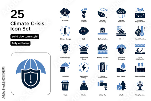 Climate Crisis Solid Duo Tone Icon Set: Environmental Degradation, Rising Sea Levels, and Global Climate Challenges Icons