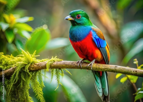 A striking tropical bird rests on a branch amidst a lush green rainforest, showcasing its colorful feathers in a vibrant display against the natural backdrop.