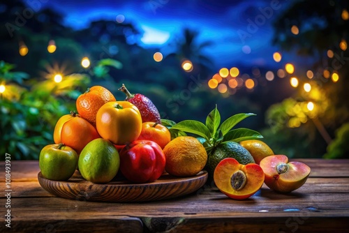 A stunning arrangement of vibrant papeda fruits on a wooden table, set against a lush natural background, reflecting fresh energy and the beauty of nature. photo