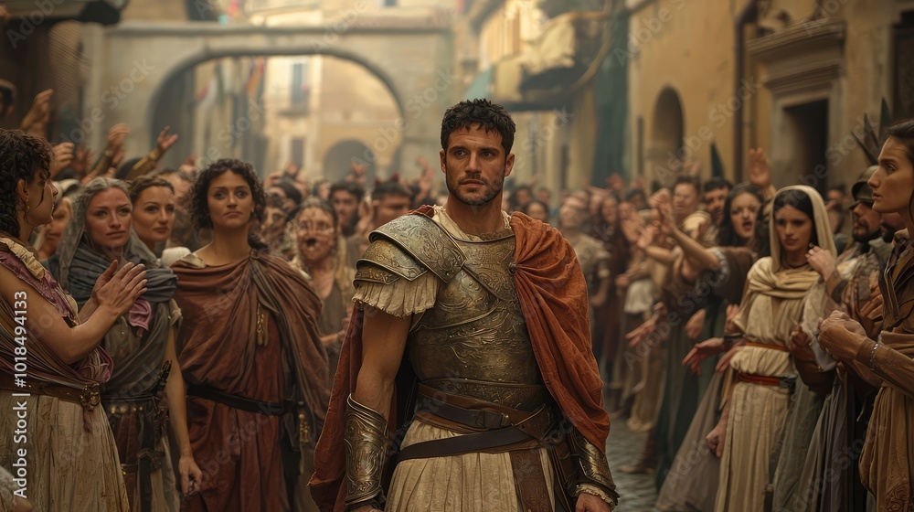 Naklejka premium A dramatic scene set in an ancient city, showcasing a hero surrounded by a crowd during a cultural event.