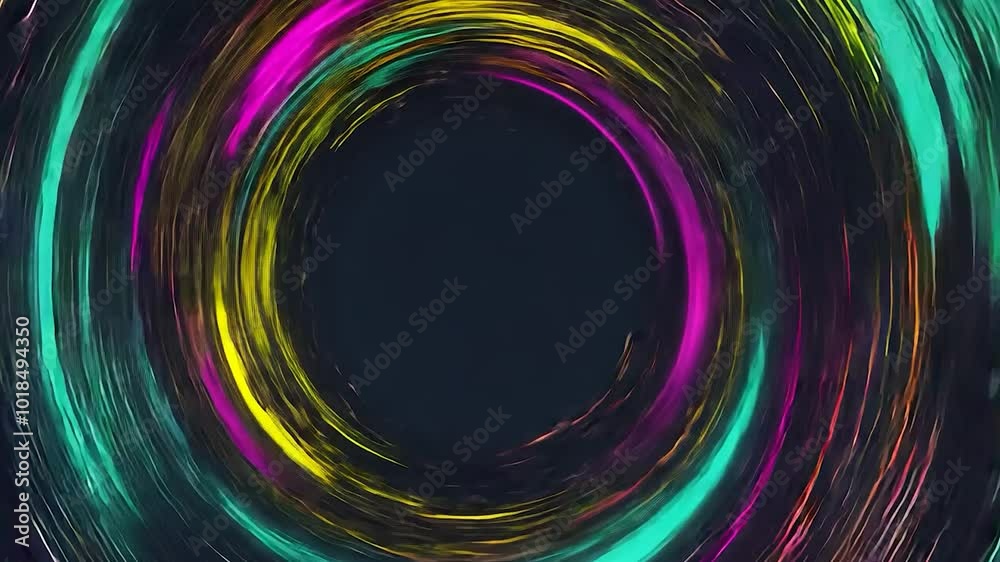 Colorful neon lights are spinning and making concentric circles with a dark background. This animation is looping and can be used for music videos, vfx projects, or video backgrounds