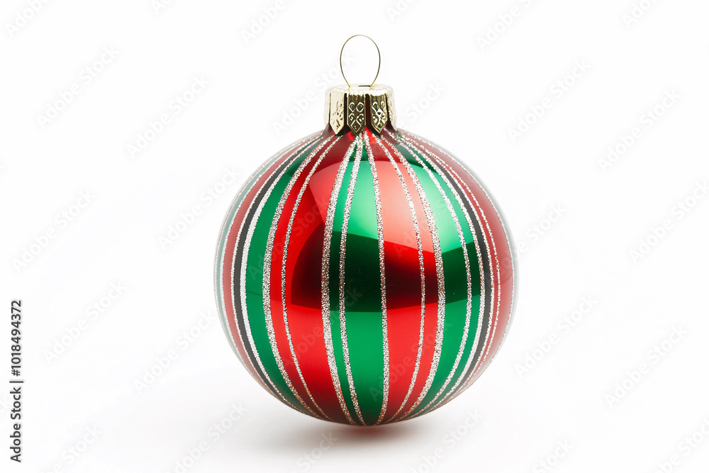 Red and green striped Christmas bauble ornament on white background Red and green striped Christmas bauble ornament on white background