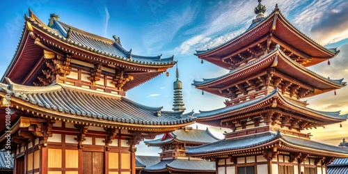 Intricately Carved Wooden Structures of a Traditional Japanese Temple Complex, Towering Roofs Against a Vibrant Blue Sky