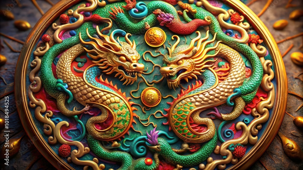 custom made wallpaper toronto digitalA stunning Double Dragon medallion adorned with intricate carvings and rich symbolic elements, representing power and unity, ideal for collectors and admirers of fine art.