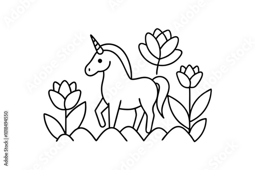 A unicorn in flower garden, coloring book vector illustration photo