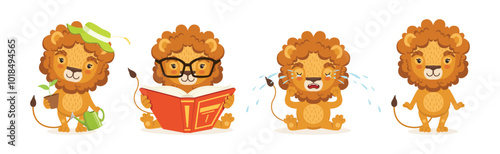 Cute Lion Character with Orange Mane and Tail Vector Set