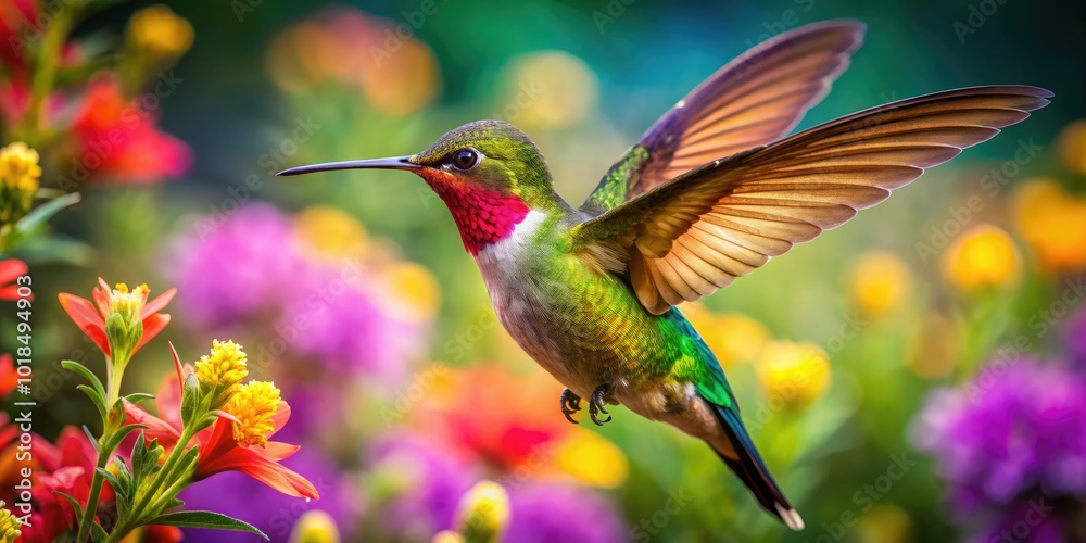 Fototapeta premium A stunning hummingbird hovers in flight, surrounded by bright flowers and rich green leaves, celebrating the vibrant beauty and tranquility of the natural world.