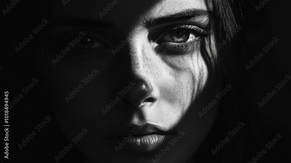 A black-and-white portrait of a person with dramatic lighting, casting deep shadows on one side of their face A black-and-white portrait of a person with dramatic lighting, casting deep shadows on one side of their face