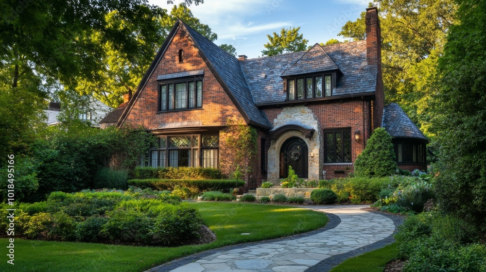 Brick and Stone House with a Winding Stone Path and Lush Green Gardens Brick and Stone House with a Winding Stone Path and Lush Green Gardens