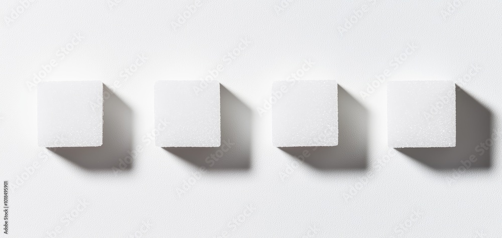 Close-up of four sugar cubes on a plain white surface, geometric shapes, clean and crisp, symbolizing purity and sweetness Close-up of four sugar cubes on a plain white surface, geometric shapes, clean and crisp, symbolizing purity and sweetness