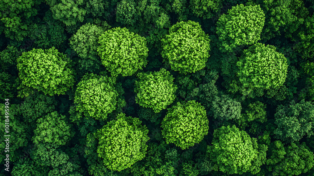 Naklejka premium Aerial view of lush green trees in dense forest, showcasing vibrant foliage and natural beauty of landscape. scene evokes sense of tranquility and connection to nature