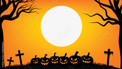 Happy Halloween theme with full Moon and evil pumpkins on graveyard. Vector illustrations for background.