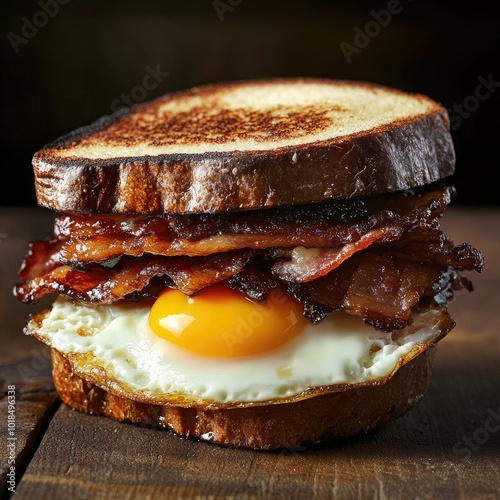 Delicious bacon and egg sandwich on toasted bread photo