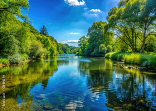A tranquil river flows peacefully at Alton, surrounded by vibrant greenery, with calm waters reflecting the clear blue sky above, inviting serenity and reflection.