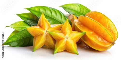 Fresh starfruit, known as balimbing, displayed on white background. Ideal for culinary uses, its unique shape and taste enhance tropical dishes and exotic presentations. photo