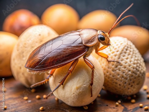 A brown, oval-shaped cockroach egg sac clings to a surface, its leathery texture evident as tiny, beady eyes of developing young peer out. photo