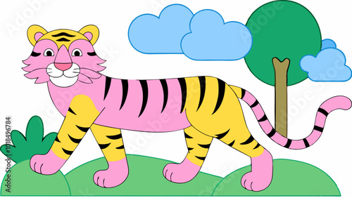 A walking hunting tiger vector art illustration