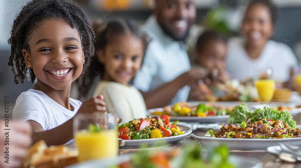 A joyful family gathering at the dinner table, enjoying healthy food and sharing smiles together in a warm environment. A joyful family gathering at the dinner table, enjoying healthy food and sharing smiles together in a warm environment.