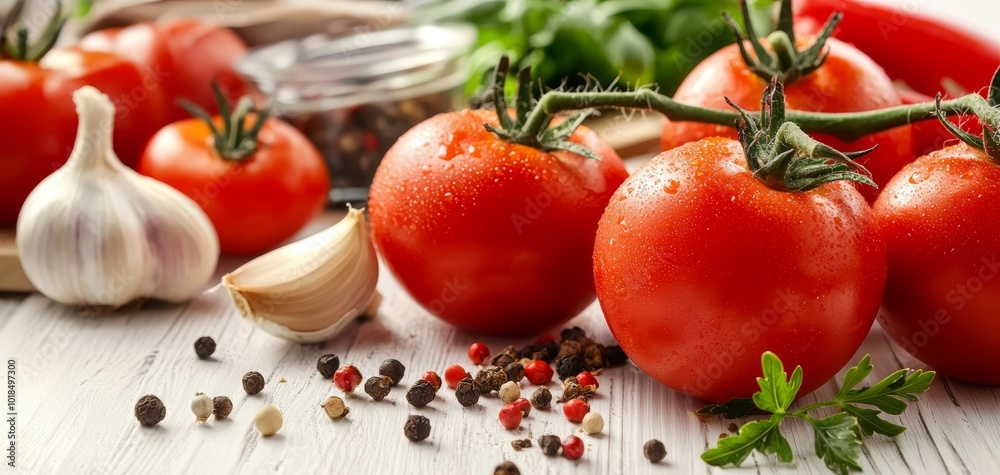 Fresh tomatoes, garlic, and spices spread on white wooden table, recipe concept, colorful ingredients, natural and healthy cooking focus Fresh tomatoes, garlic, and spices spread on white wooden table, recipe concept, colorful ingredients, natural and healthy cooking focus