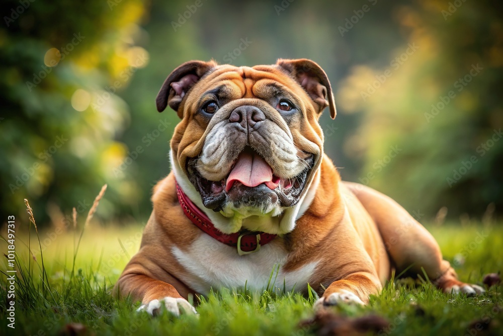 A chunky bulldog with a brown beard and wrinkled face stretches languidly on the grass, sporting a goofy grin and a bright collar. A chunky bulldog with a brown beard and wrinkled face stretches languidly on the grass, sporting a goofy grin and a bright collar.