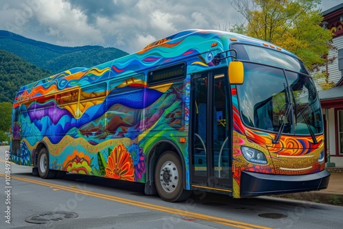 Colorfully designed city bus driving through a scenic landscape.