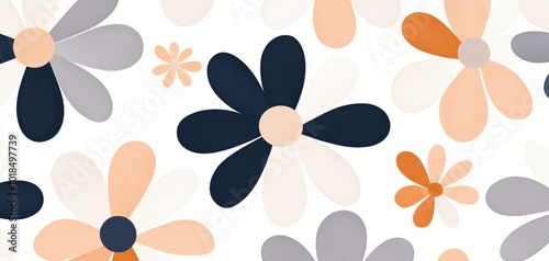 Geometric daisies in muted shades of grey and peach, repeating in a symmetrical grid for a minimal yet dynamic floral pattern