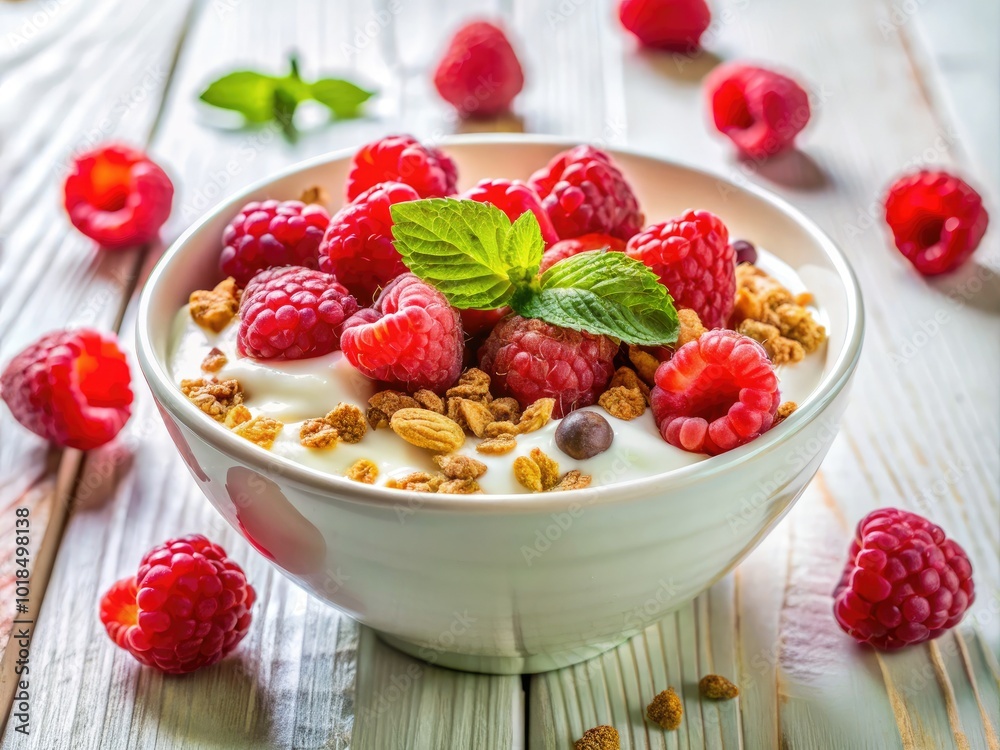 Greek Yogurt Bowl with Fresh Raspberries and Muesli on White Table for a Healthy Breakfast Idea Greek Yogurt Bowl with Fresh Raspberries and Muesli on White Table for a Healthy Breakfast Idea