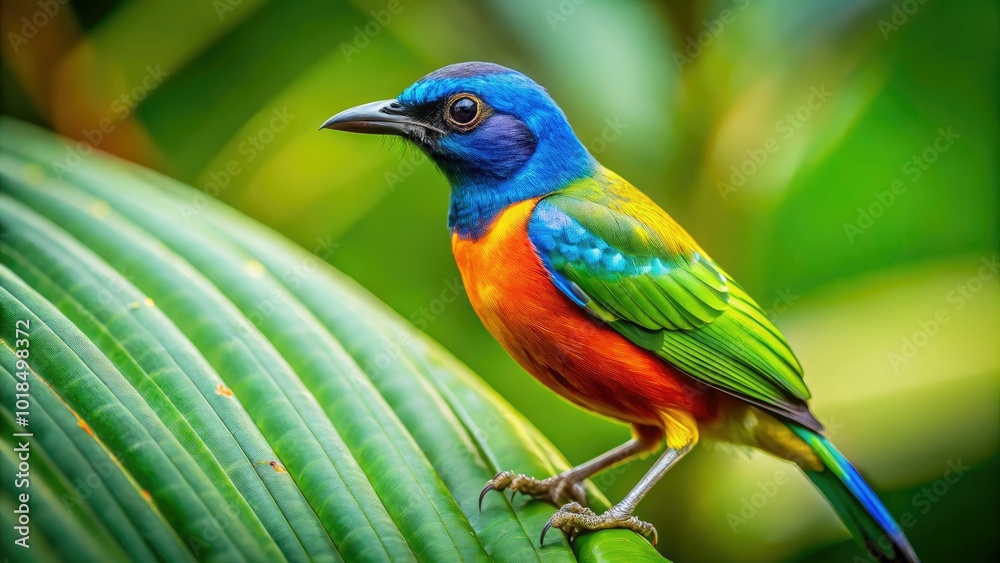 A vivid bird perches delicately on a vibrant leaf, enveloped by a serene natural landscape that captures the essence of tranquility and the beauty of wildlife. A vivid bird perches delicately on a vibrant leaf, enveloped by a serene natural landscape that captures the essence of tranquility and the beauty of wildlife.