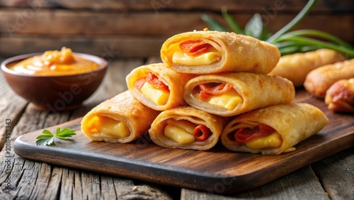 Teque?os cut in halves, Venezuelan appetizer with melted cheese, Teque?os, tequenos, Venezuela, appetizer, dough photo