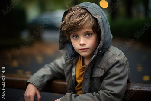 Portrait of a boy in a hooded jacket on the street