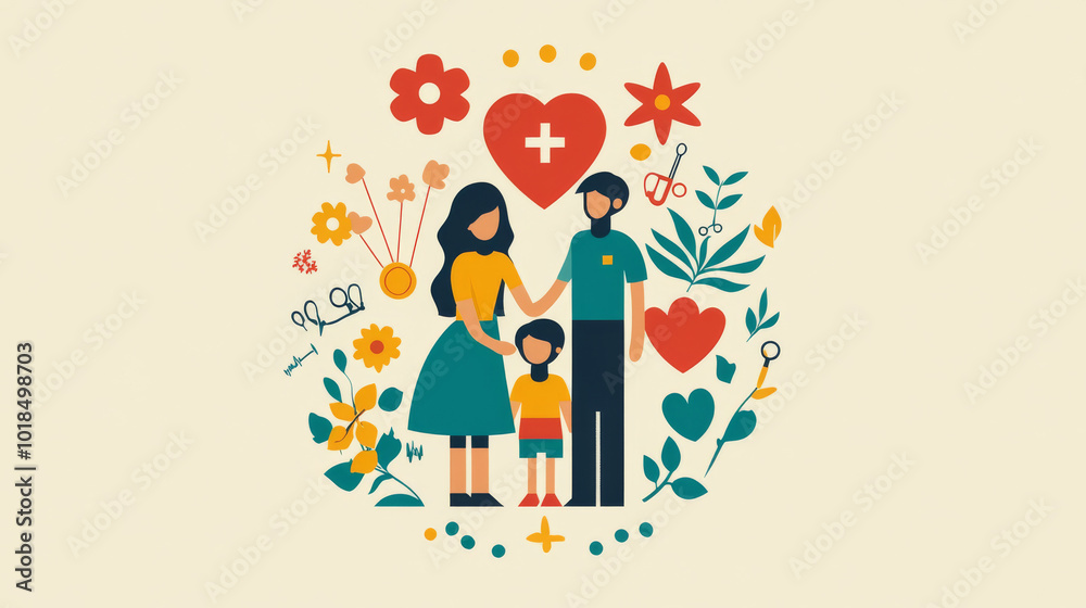 A happy family symbolizes World Health Day. The design uses geometric shapes and medical icons to represent healthcare technology, innovation, and medical advancements. A happy family symbolizes World Health Day. The design uses geometric shapes and medical icons to represent healthcare technology, innovation, and medical advancements.