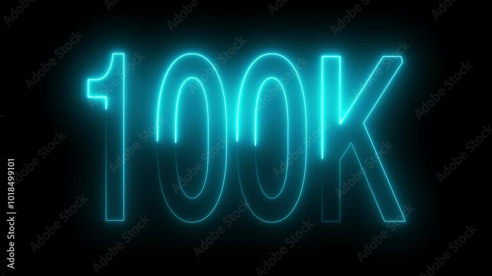 100K text animation by cyan neon on black background. 100K text animation by cyan neon on black background.