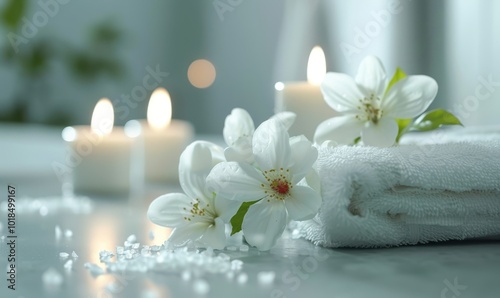 Spa background towel bathroom white luxury concept massage candle bath. Bathroom white wellness spa background towel relax aromatherapy flower accessory zen therapy aroma beauty setting table salt oil