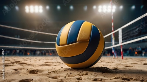 Close up of volleyball on sandy court with net and stadium lights in background