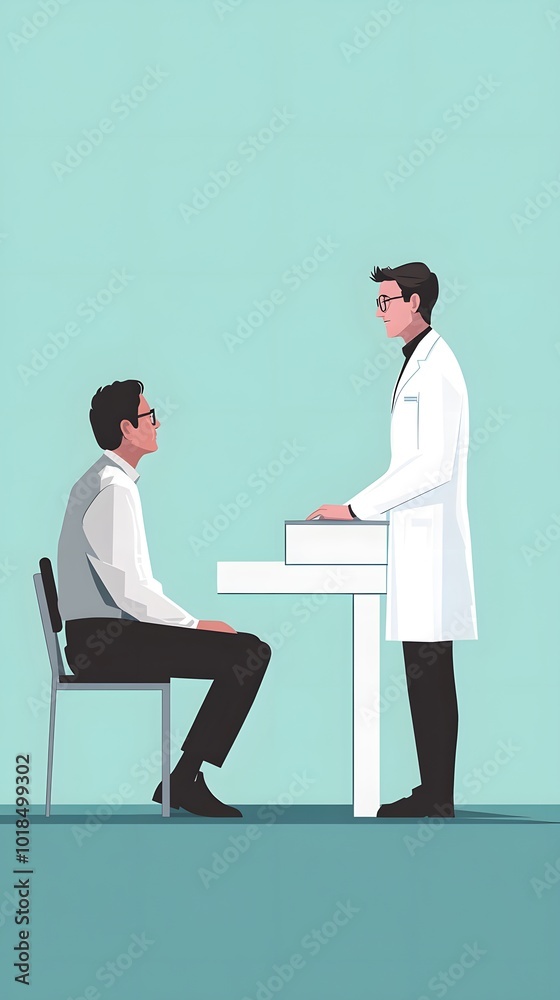 A young man is sitting on the examination table, talking to his doctor who stands next to him and reads documents in front of them A young man is sitting on the examination table, talking to his doctor who stands next to him and reads documents in front of them