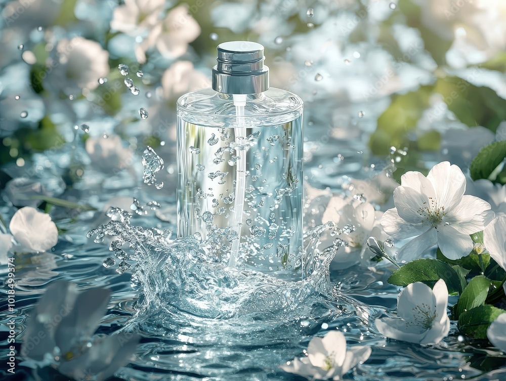 Clear bottle splashing in water with floral elements, serene and refreshing scene. Clear bottle splashing in water with floral elements, serene and refreshing scene.