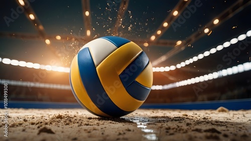 Volleyball on sandy court under stadium lights with flying sand particles