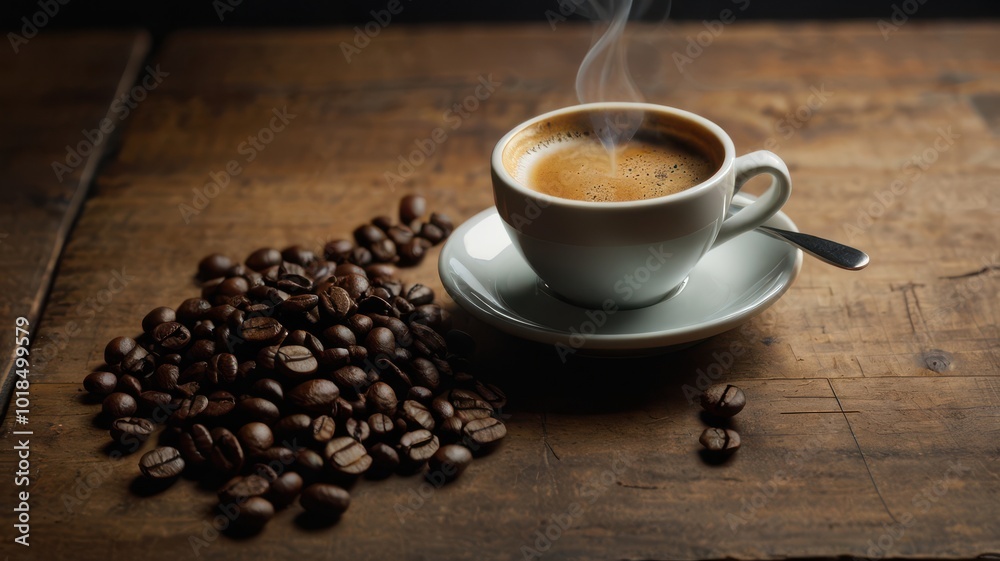 Coffee, Cup, Steam, Coffee Beans, Boiling Water, Plate, Spoon